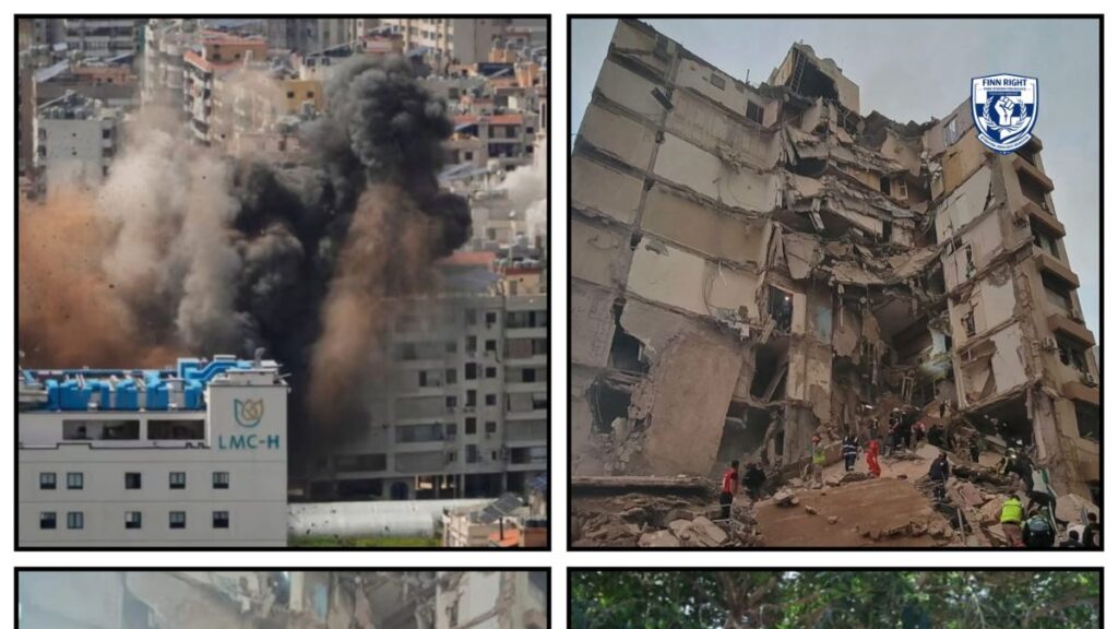 Rescue workers search rubble after deadly strikes in Lebanon as civilians flee damaged neighborhoods.