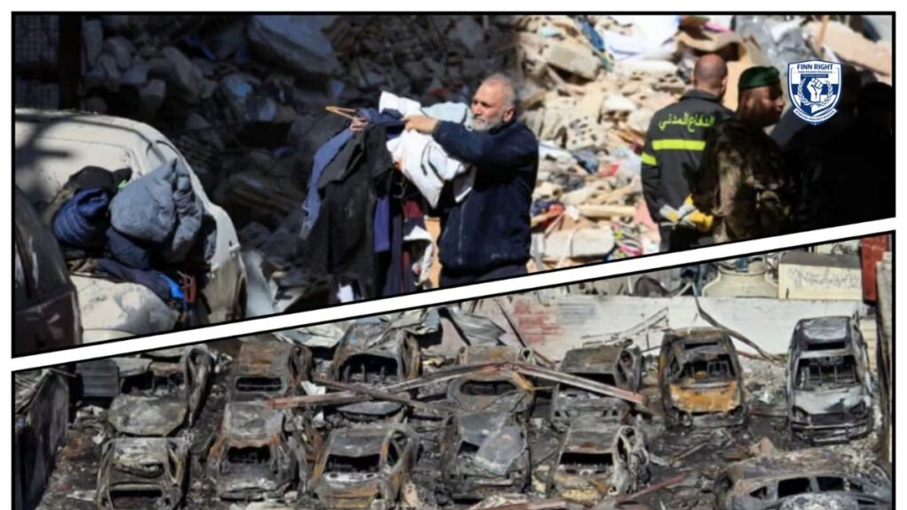 Rescue workers search rubble after deadly strikes in Lebanon as civilians flee damaged neighborhoods.