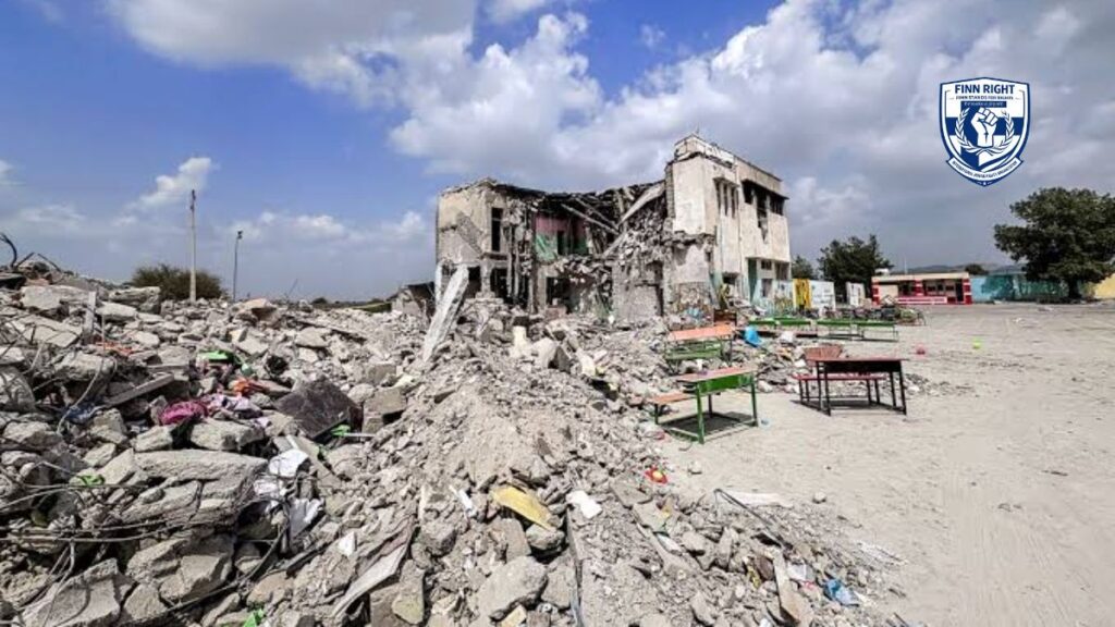 “Minab school strike aftermath showing damaged classroom where children were killed during missile attack.”