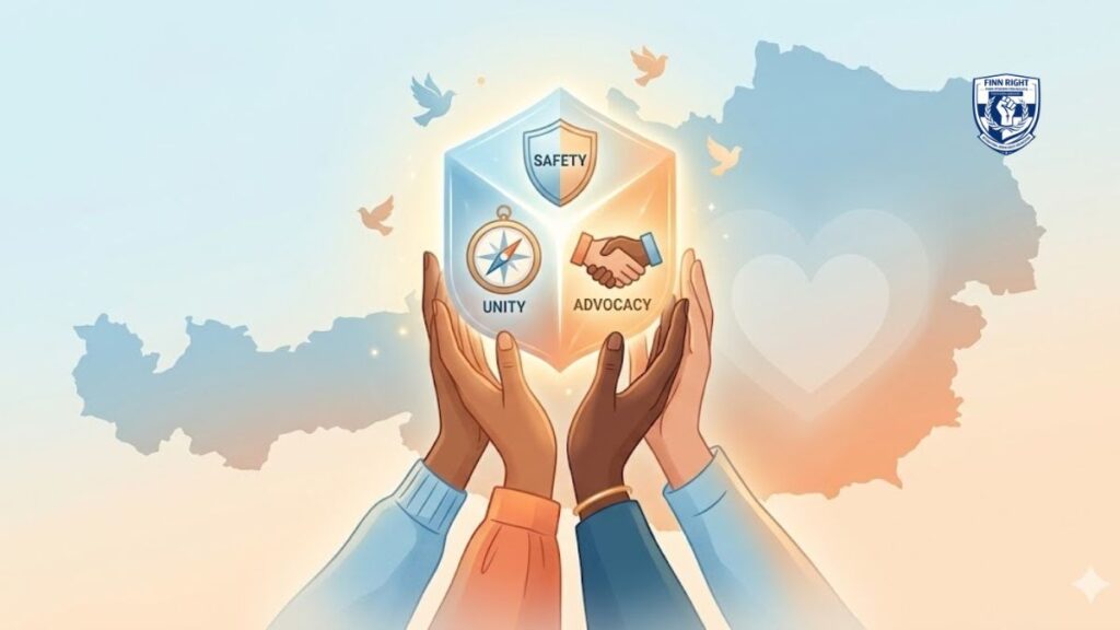 An illustration of unity and strength, showing diverse hands lifting an emblem of safety and advocacy, representing FinnRight's support network.