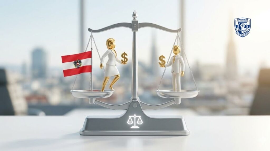 A conceptual image showing a balanced scale, symbolizing economic empowerment and gender pay gap closure in an Austrian workplace.