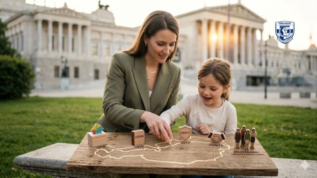 A symbolic and human-centric featured image showing an Austrian woman guiding her daughter’s hand along a visual timeline of women's rights in Austria, connecting historical landmarks like the Parliament with modern professional leadership and the 2020 women-majority cabinet milestone.