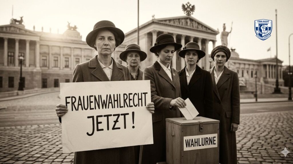 A historical archival photograph with a sepia tone, capturing diverse Austrian women in 1918 Vienna standing on a cobblestone street, holding a 'FRAUENWAHLRECHT JETZT!' (Women's Suffrage Now!) sign and placing a ballot into a voting box marked 'WAHLURNE' in front of the Parliament, representing the historical turning point for women's rights in Austria.