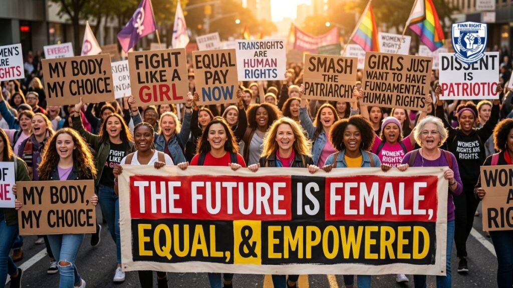 "A diverse crowd of activists at a vibrant rally holding up signs and banners featuring iconic women's rights slogans such as 'The Future is Female' and 'Equal Pay Now' to promote gender equality and social justice."