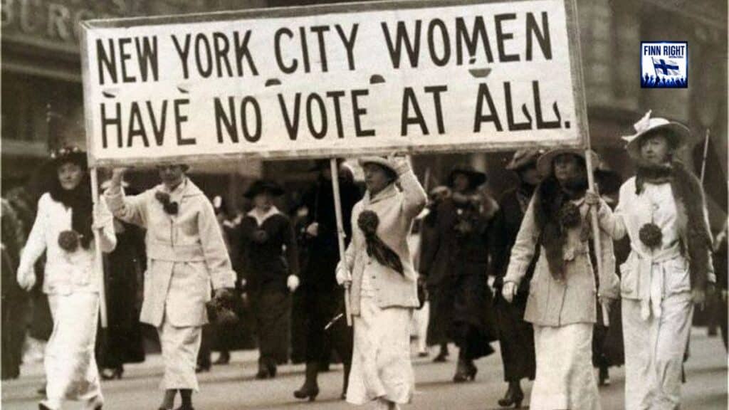 Historic women's suffrage march with votes for women protest signs 1900s