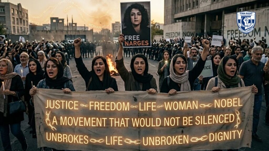 A powerful street protest in support of Narges Mohammadi, featuring activists holding a large glowing banner that reads "A Movement That Would Not Be Silenced," symbolizing the global fight for human rights and justice.