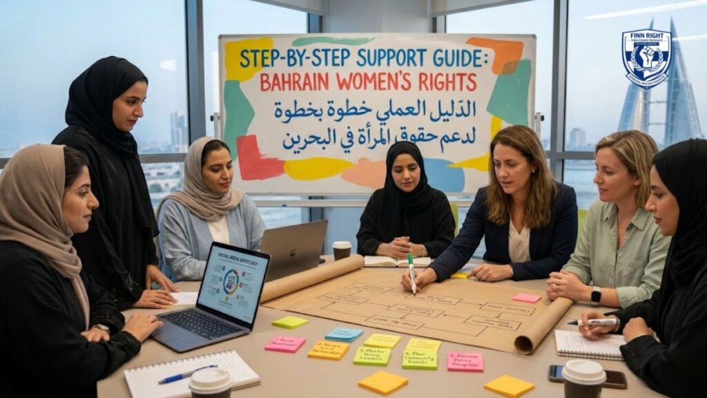 A diverse group of professional women collaborating on a step-by-step support guide for Bahrain women's rights in a modern Manama office.