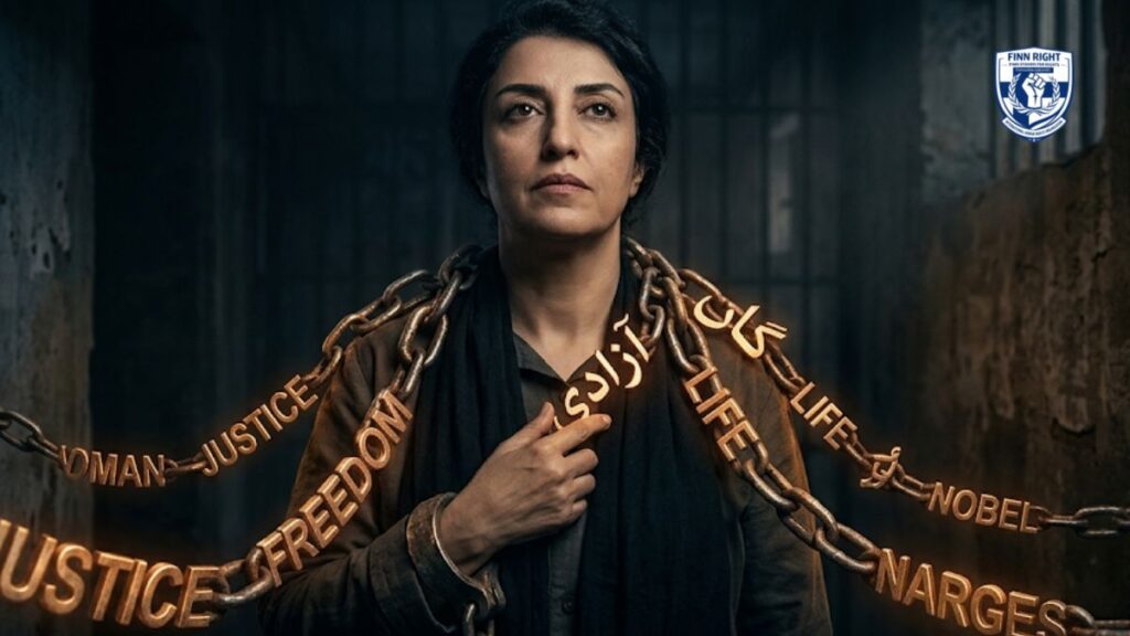 Powerful symbolic portrait of Narges Mohammadi in a dark prison setting, draped in heavy chains featuring glowing words like Justice, Freedom, and Life, representing the critical human rights struggle of the Nobel Peace Prize laureate.