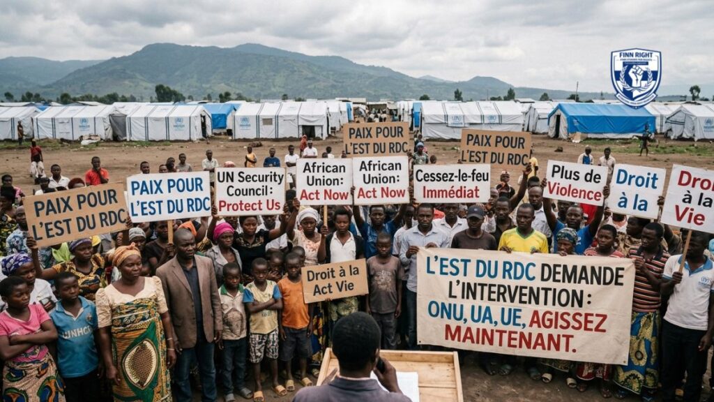 A realistic photo of a protest in a displacement camp in the eastern Democratic Republic of Congo. Many men, women, and children are standing in front of blue and white tents. They are holding signs and banners that say 'Peace for the East of DRC,' 'UN Security Council: Protect Us,' and 'African Union: Act Now.' The main banner asks the UN, AU, and EU to take action immediately."