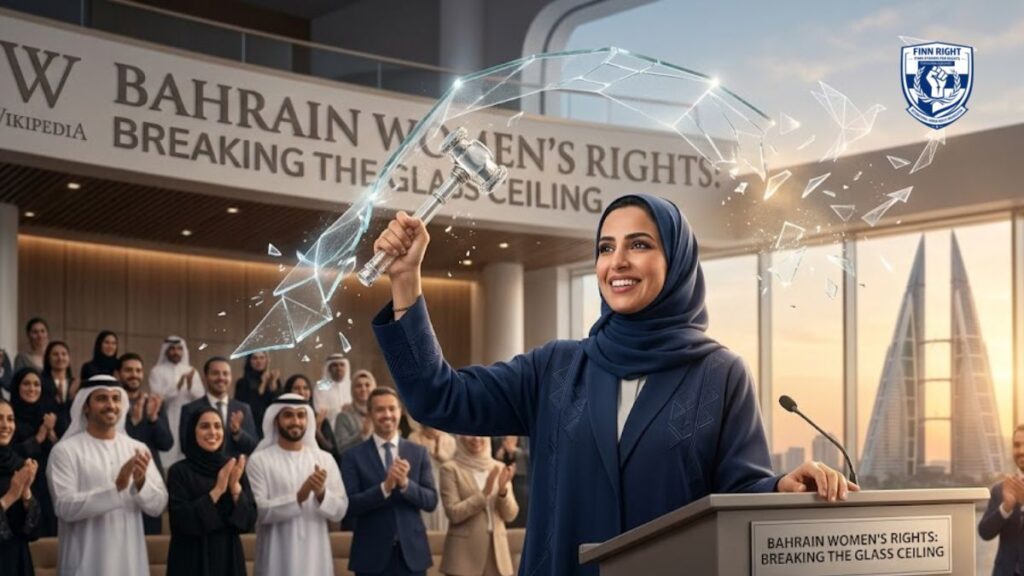 A powerful conceptual image of a Bahraini woman breaking a literal glass ceiling with a gavel, representing Bahrain women's rights and judicial progress.