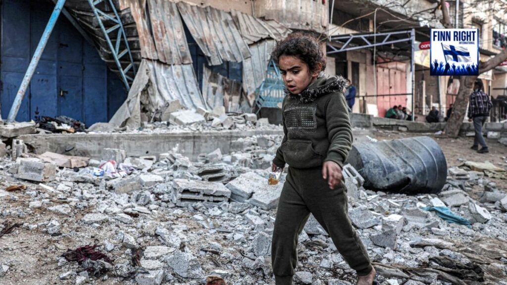 Displaced Palestinian families amid destruction and humanitarian crisis in Gaza during 2026