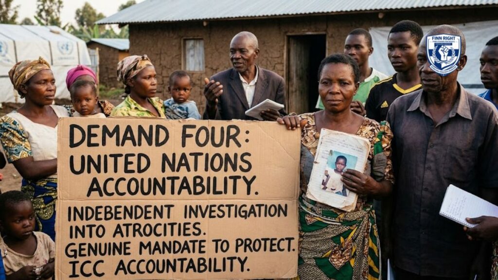A documentary-style photograph taken in a Congolese village. A group of men, women, and children stand together with somber and determined expressions. A woman in the center holds a large cardboard sign with hand-painted black text that reads: "DEMAND FOUR: UNITED NATIONS ACCOUNTABILITY. INDEPENDENT INVESTIGATION INTO ATROCITIES. GENUINE MANDATE TO PROTECT. ICC ACCOUNTABILITY". Next to her, another woman holds a worn notebook with a small photo of a child attached to it. In the background, simple mud-brick houses and white UNHCR tents are visible under a clear sky. Several people in the group hold pens and notebooks, symbolizing the documentation of evidence.