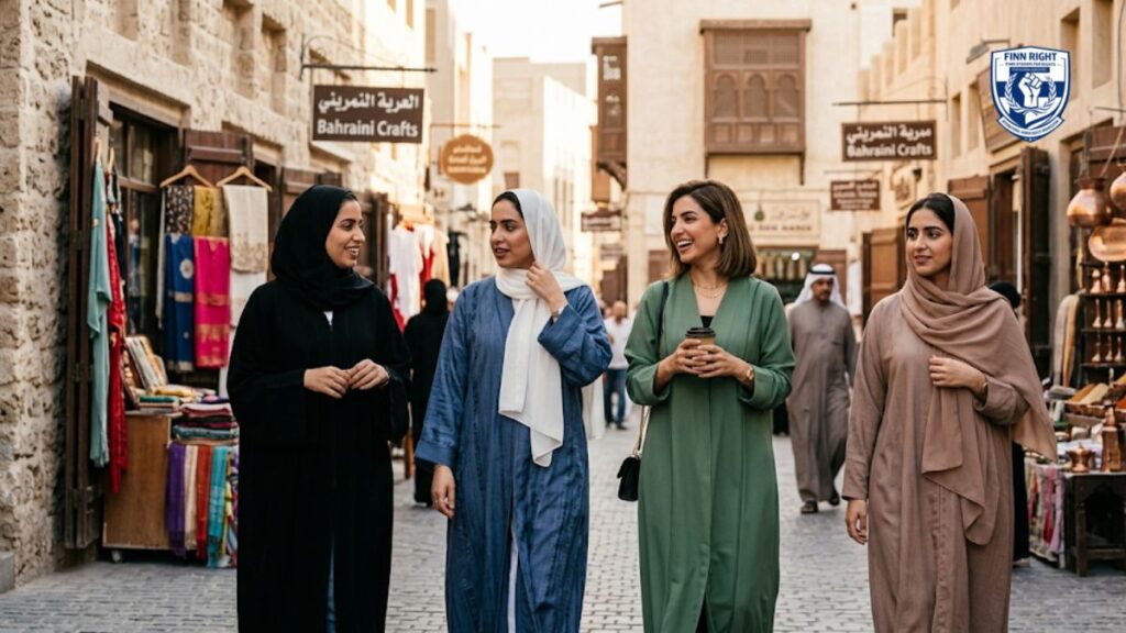 A diverse group of Bahraini women walking through a traditional souq, showcasing different cultural expressions of hijab and modern modest fashion.