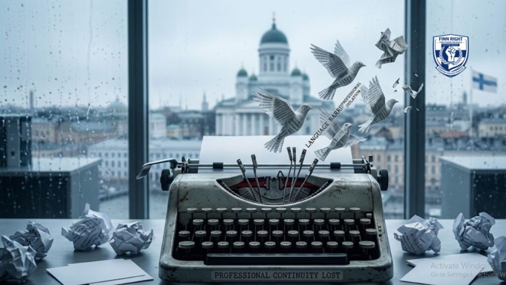 Conceptual image of typewriter keys transforming into paper birds attempting to fly but hitting an invisible barrier against a Helsinki background, representing the professional continuity failure for exiled journalists in Finland.