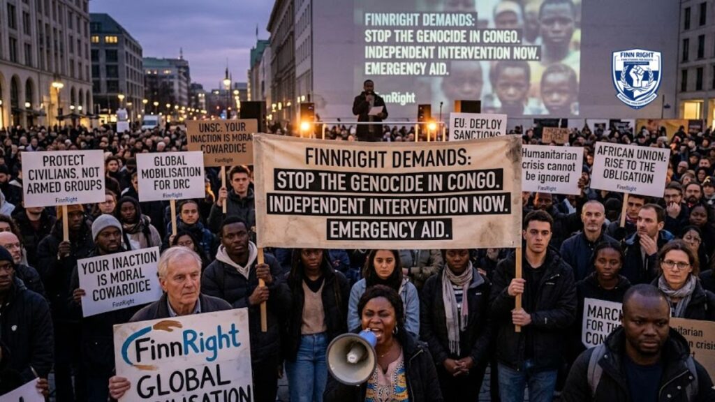 A wide-angle, documentary-style photograph of a large, diverse protest in a major European city square at dusk. Hundreds of people are gathered, many holding professional and hand-made signs that read "FINNRIGHT DEMANDS: STOP THE GENOCIDE IN CONGO," "GLOBAL MOBILISATION FOR DRC," "UNSC: YOUR INACTION IS MORAL COWARDICE," and "AFRICAN UNION: RISE TO THE OBLIGATION". In the foreground, a woman speaks into a megaphone while others hold a large central banner. In the background, a large screen on a building projects images of Congolese children alongside the text "FINNRIGHT DEMANDS: INDEPENDENT INTERVENTION NOW". The atmosphere is one of urgent global mobilization and moral pressure.
