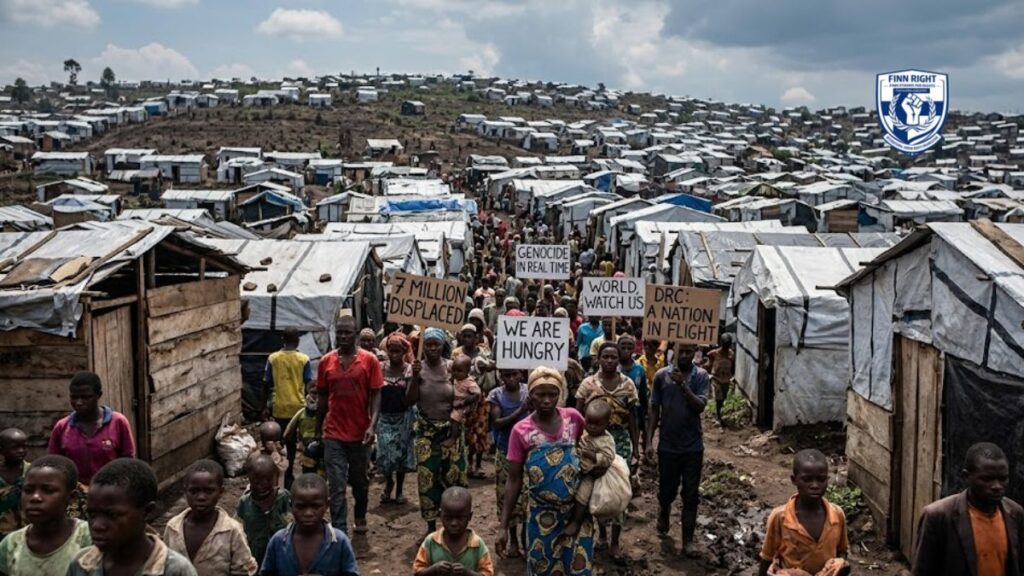 An expansive, documentary-style photograph capturing a dense camp for internally displaced persons (IDPs) in the eastern Democratic Republic of Congo. Thousands of makeshift shelters, built from salvage and plastic, cover a steep hillside under a partly cloudy sky. Hundreds of Congolese civilians walk along a muddy pathway in the foreground. Several individuals hold up hand-made signs and banners. Visible text includes: '7 MILLION DISPLACED', 'GENOCIDE IN REAL TIME', 'WORLD, WATCH US', and 'DRC: A NATION IN FLIGHT'. The image focuses on the human scale of the displacement crisis."