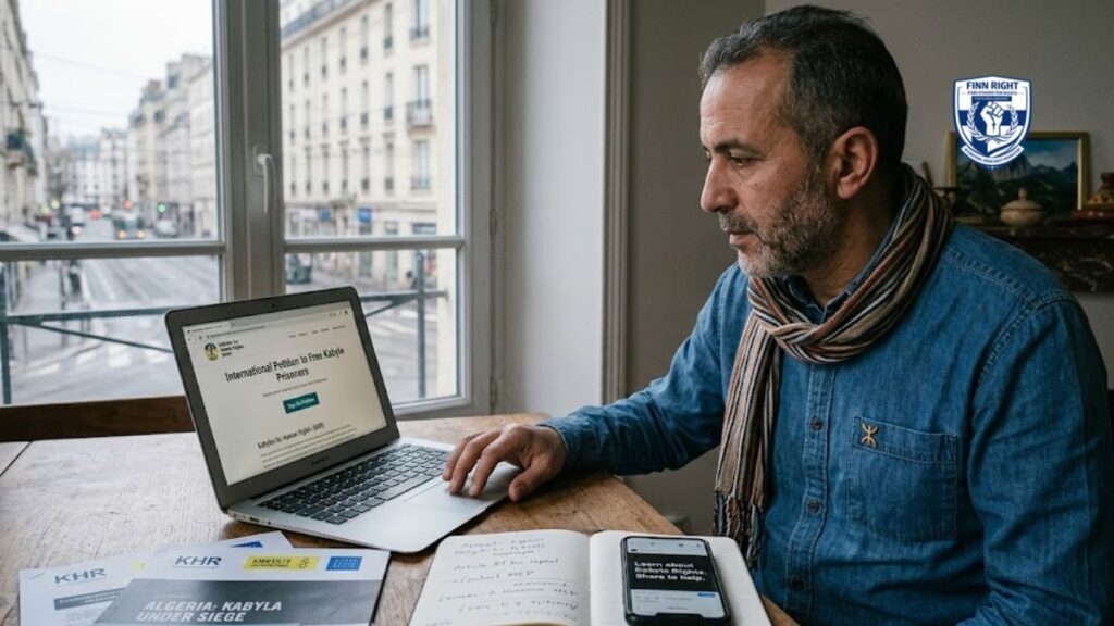 A realistic, high-fidelity photo shows a man sitting at a wooden table in a brightly lit apartment, taking action for human rights. He is looking at a laptop screen displaying an "International Petition to Free Kabyle Prisoners". On the table, there are printed reports from KHR and Amnesty International titled "Algeria: Kabylia Under Siege," alongside a notebook with handwritten steps like "Contact MEP". He wears a scarf and a small Amazigh pin, symbolizing his solidarity with the movement.