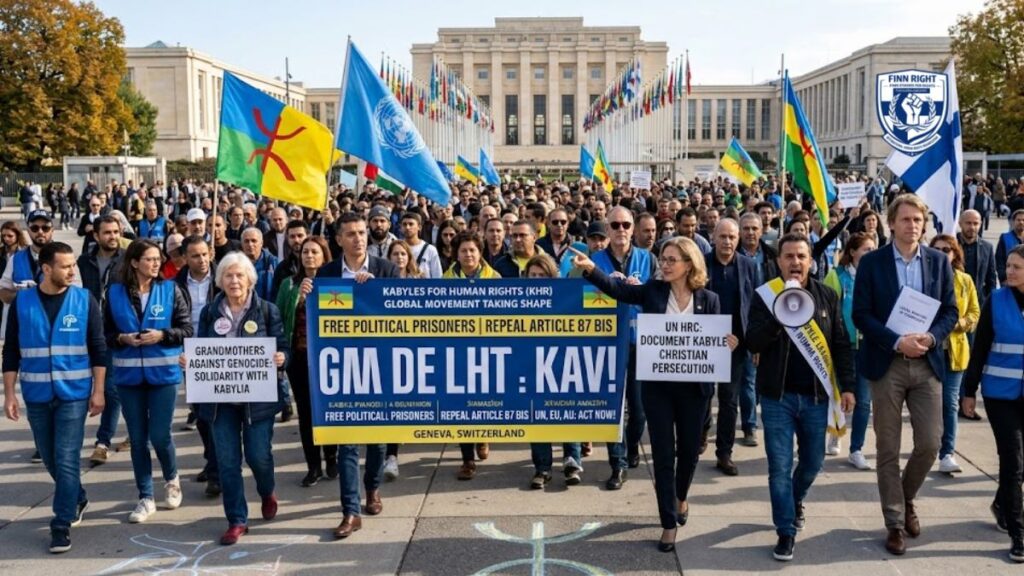 A professional, wide-angle photograph of a large, diverse crowd of human rights activists marching in front of the United Nations building in Geneva. In the foreground, activists hold a large blue and yellow banner that reads "KABYLES FOR HUMAN RIGHTS (KHR) GLOBAL MOVEMENT TAKING SHAPE" and calls for the release of political prisoners and the repeal of Article 87 bis. Several people hold signs, including one that says "Grandmothers Against Genocide: Solidarity with Kabylia" and another regarding "Kabyle Christian Persecution." Various flags are visible, including the Kabyle (Amazigh) flag, the UN flag, and the Finnish flag,