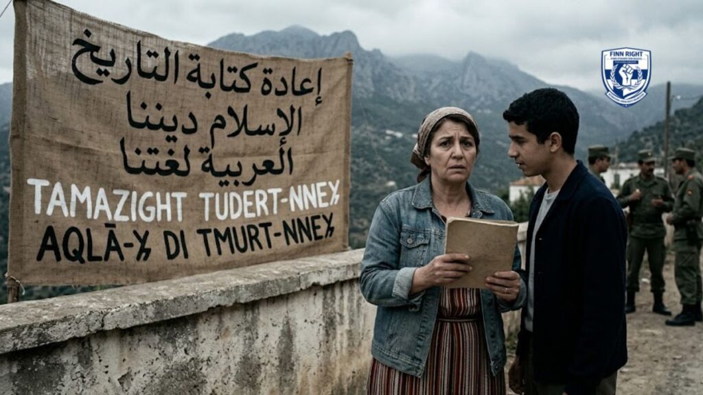 A documentary-style photo set in the 1970s shows a tense scene in the mountains of Kabylia, Algeria. A worried middle-aged woman in a patterned headscarf and a young man holding a notebook stand next to a rough burlap banner. The top of the banner features Arabic text promoting 'Rewriting History' and 'Islam and Arabic,' while the bottom has Kabyle words in Latin script defiantly stating 'Tamazight is Our Life' and 'This is Our Land.' In the background on a dusty road, a few Algerian soldiers watch them. The overcast sky and rocky hills convey a atmosphere of political struggle and identity suppression.