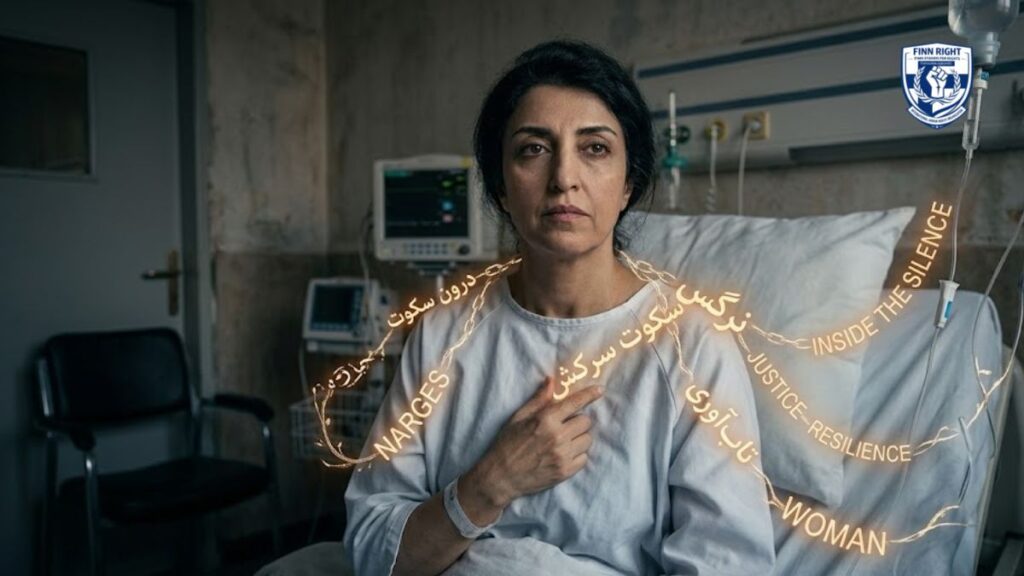 Aapki image watermarked_img_9539694546950500377.png ke liye SEO-optimized Alt Text niche diya gaya hai:
Alt Text:
A poignant image of Narges Mohammadi in a prison hospital ward, connected to medical equipment while glowing words like "Inside the Silence," "Justice," and "Resilience" emerge from her, symbolizing her unbroken spirit and the critical urgency of her human rights campaign.