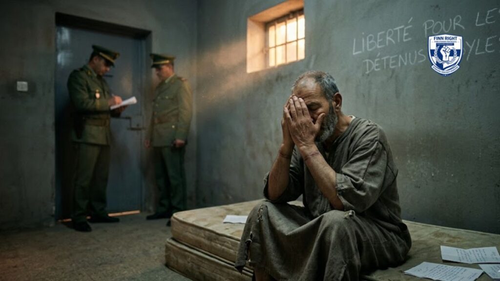 A somber, realistic photo of an elderly Kabyle man sitting on a thin mattress in a dimly lit, grey prison cell. He is covering his face with his hands in a gesture of deep grief and despair. On the concrete wall behind him, the words "LIBERTÉ POUR LES DÉTENUS KABYLES" (Freedom for Kabyle Detainees) are written in white chalk. In the background, two Algerian officers in green uniforms stand by a heavy metal door, one of them writing on a clipboard.