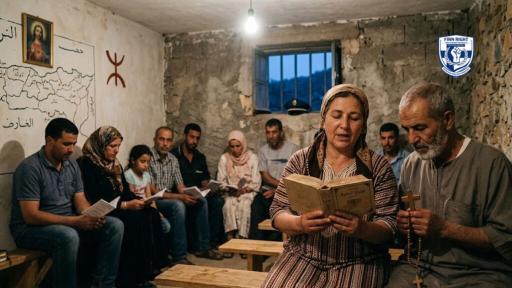 A realistic photograph of a group of Kabyle Christians gathered for a secret religious service in a simple, unfinished stone room. In the foreground, an elderly woman reads from a religious book while a man beside her holds a wooden cross and prayer beads. Other men, women, and a young girl sit on wooden benches behind them, holding small booklets. A small portrait of Jesus and a red Amazigh symbol are visible on the wall, while a security officer's hat is seen through a barred window, suggesting they are being watched.