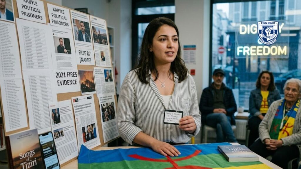 A realistic photograph of a young Kabyle woman standing behind a table at an advocacy event in a modern office or community center. She wears a silver Amazigh symbol necklace and stands behind a bright Kabyle flag. On the table lies a book titled "Songs of Tiziri." To her left is a large display board filled with photos of "Kabyle Political Prisoners," evidence of the "2021 Fires," and calls to "Free 87 [Name]." In the background, a diverse group of people, including an elderly woman in a traditional scarf, listens intently. A neon sign on the wall reads "DIGNITY & FREEDOM."