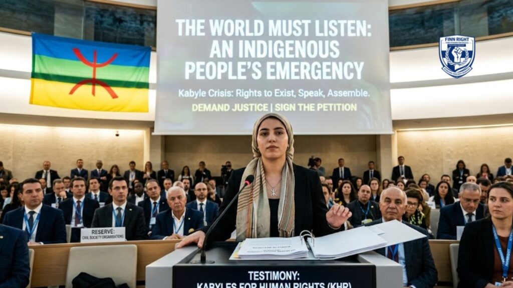 A high-fidelity photograph captures a young woman delivering a powerful testimony at a United Nations international hearing. She stands at a podium labeled "TESTIMONY: KABYLES FOR HUMAN RIGHTS (KHR)," wearing a neutral headscarf and a silver Amazigh symbol necklace. Behind her, a large projection screen displays the message: "THE WORLD MUST LISTEN: AN INDIGENOUS PEOPLE’S EMERGENCY." To the left, a vibrant Kabyle flag is prominently displayed. The background shows a large, diverse audience of international delegates and civil society representatives listening intently in a formal assembly hall.