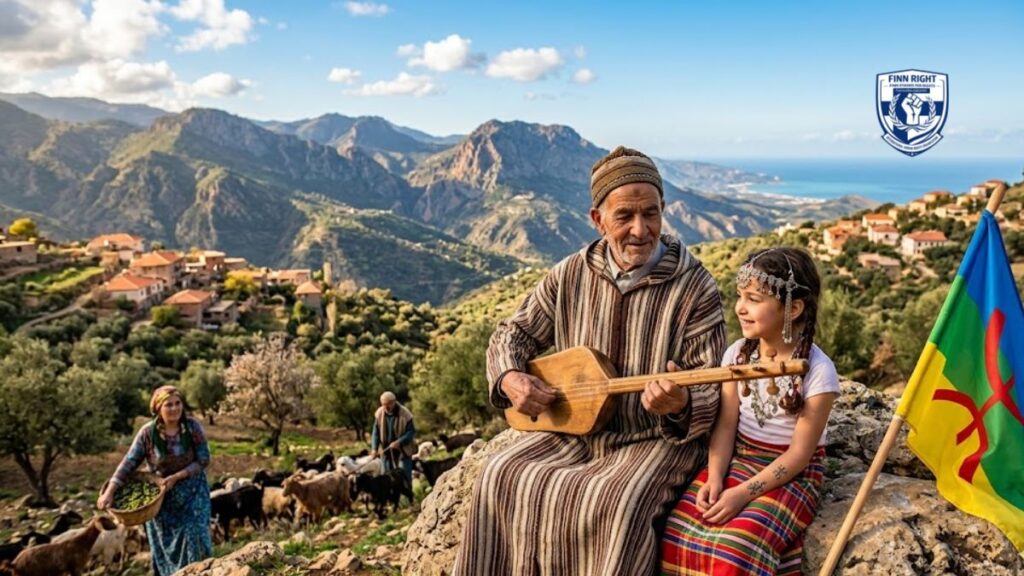 A professional, high-quality photograph of an elderly Kabyle man in traditional clothing playing a stringed instrument for a young girl in the mountains of Kabylia. The background shows a beautiful landscape of rugged mountains, a coastline, and a small village. A colorful Kabyle (Amazigh) flag stands in the foreground, representing their ancient identity and connection to the land.