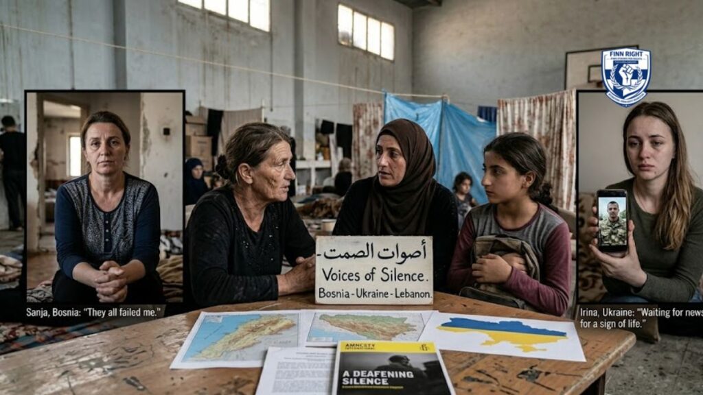This is a documentary photo about women in war zones. In the middle of a temporary shelter, a Lebanese mother and daughter are sitting at a table. They are with other women, including a Bosnian survivor named Sanja. Sanja looks very tired and betrayed. On the table are maps and an Amnesty International report called 'A Deafening Silence.' There is also a sign that reads: 'Voices of Silence. Bosnia - Ukraine - Lebanon.' The image includes two smaller close-up pictures on the sides. One shows Sanja from Bosnia with the text: 'Sanja, Bosnia: 'They all failed me.'' The other shows Irina from Ukraine, holding a phone with a photo and the text: 'Irina, Ukraine: 'Waiting for news, for a sign of life.'' The whole picture connects the stories of women from different wars.