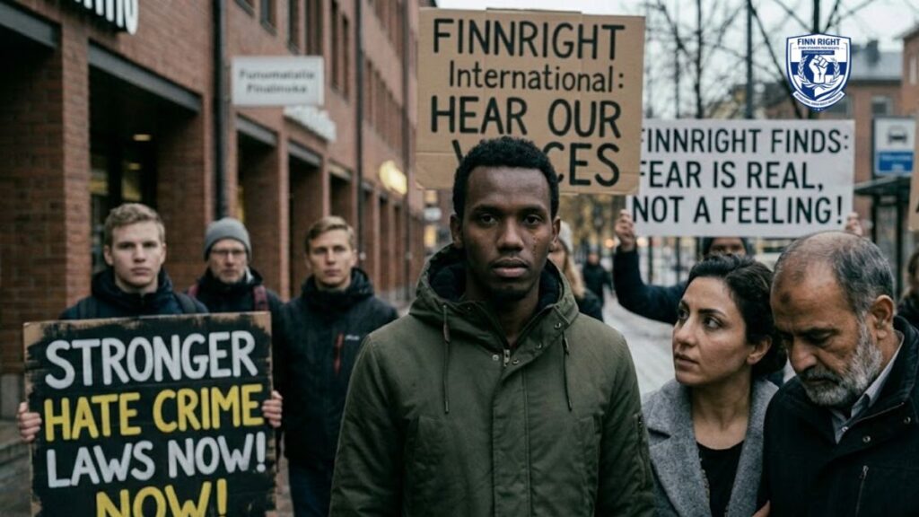 powerful, close-up photojournalistic image of a diverse group of people gathering on a damp street in Finland for a human rights demonstration. In the center, a young Black man in a dark green hooded jacket looks directly into the camera with a deeply somber, intense expression, a visible tear track on his cheek. To his right, a Middle Eastern woman in a grey coat looks toward him with deep concern,