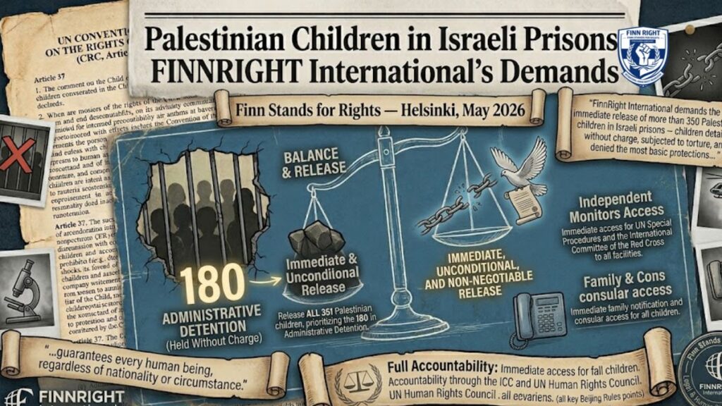 An advocacy infographic titled 'Palestinian Children in Israeli Prisons: FINNRIGHT International's Demands'. The design shows a legal scale balancing administrative detention rocks against unconditional release, dark prisoner silhouettes behind bars, a peace dove with broken chains, callout scrolls demanding international accountability, and the FINNRIGHT International Helsinki logo.