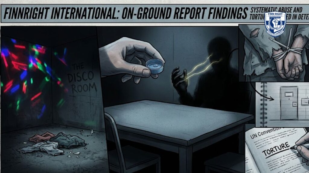 A dramatic graphic illustration showing human rights violations inside a detention facility, featuring a dark interrogation room, a hand holding a single bottle cap of water, colorful neon lights on a wall representing a 'disco room,' and hands bound by cords, titled 'FINNRIGHT International: On-Ground Report Findings.'