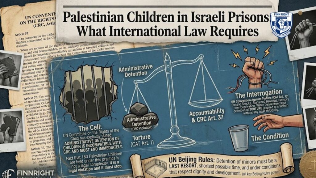 An infographic titled 'Palestinian Children in Israeli Prisons: What International Law Requires' by FINNRIGHT International. It features a legal scales of justice diagram, dark silhouettes behind prison bars, an icon of a raised fist with electric shock symbols, a plastic water cup, and text referencing the UN Convention on the Rights of the Child and Beijing Rules.