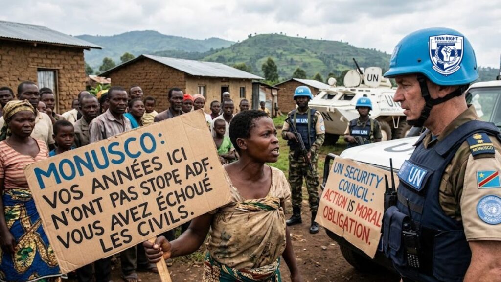 Alt TextA complex, symbolic photo-composite in a rural Congolese village, based on image_8.png. The left side features a crowd of villagers with the central woman holding her specific French-language cardboard sign, surrounded by papers flying from crumbling huts. The right side shows UN peacekeepers and their vehicles, half-submerged and entangled in massive, chaotic piles of suffocating bureaucratic files, old documents, file cabinets, and red tape, with a frustrated UN officer almost crushed by the weight. Above this, a large, patched banner reads, "BUREAUCRACY CRUSHES LIFE. UN SECURITY COUNCIL: ACT NOW, NOT LATER. ACTION IS A MORAL OBLIGATION." The scene juxtaposes human demand for action with systemic inertia.