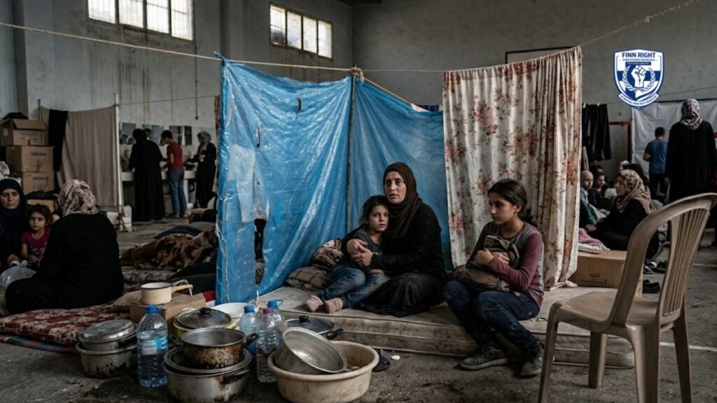 An overcrowded indoor shelter in Lebanon showing a mother and two girls sitting on a thin mattress behind makeshift plastic curtains, surrounded by cooking pots and water bottles.