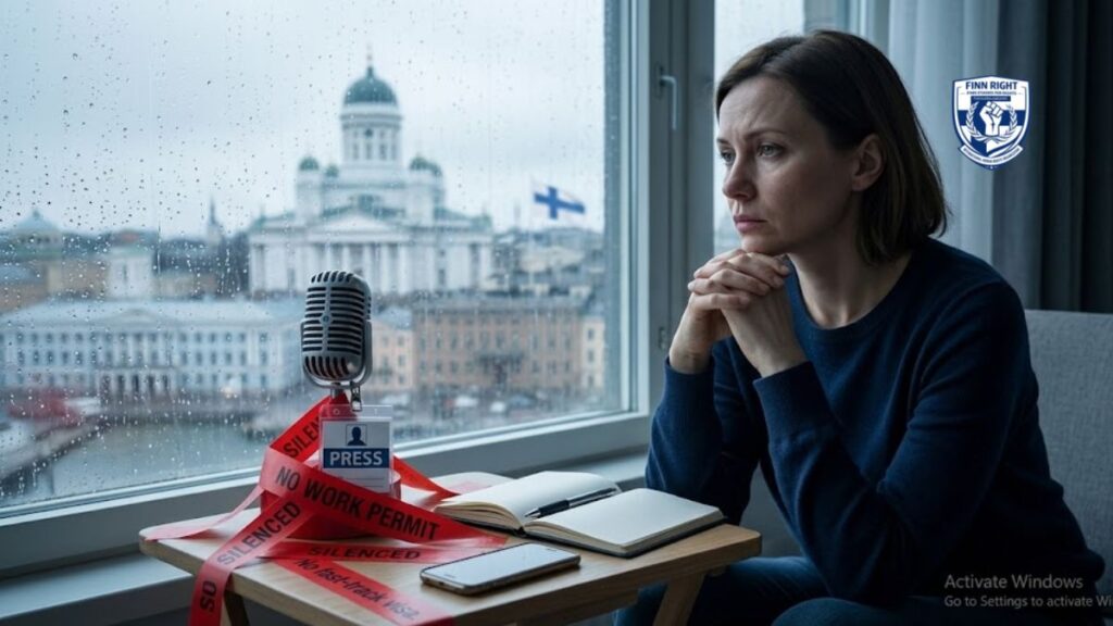 An exiled female journalist looking out of a window in Helsinki at the Cathedral, with a silenced microphone wrapped in red tape labeled 'No Work Permit', symbolizing the struggles of journalists in Finland.