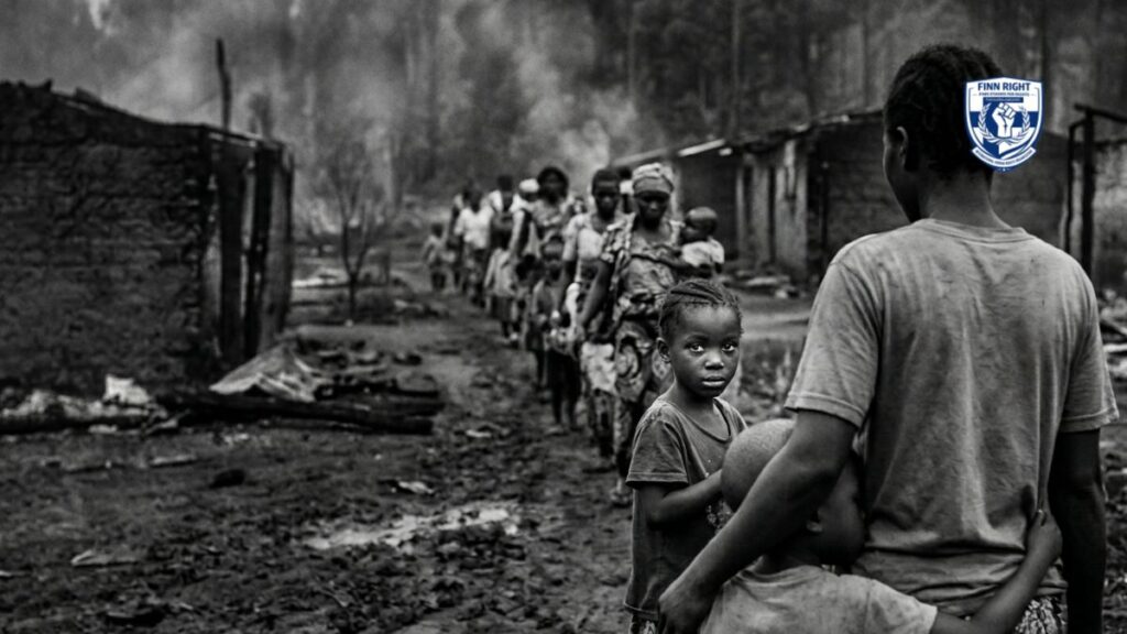A high-resolution black and white photojournalistic image of people walking down a dirt path in a scorched landscape after a conflict. In the foreground, viewed from behind, a mother in a t-shirt holds her two young children,Congo Genocide