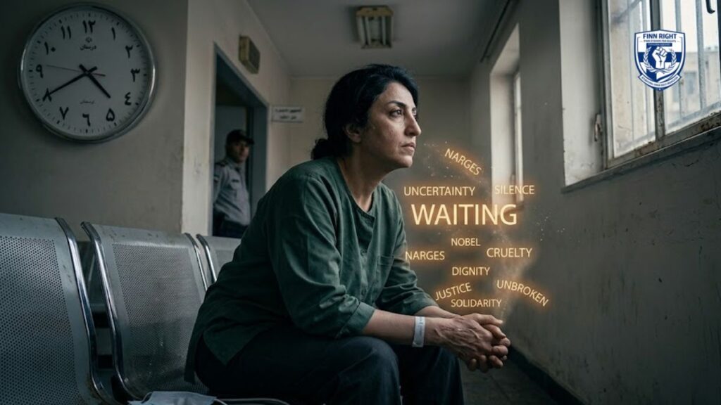 Aapki image watermarked_img_6426151557302228259.png ke liye SEO-optimized Alt Text ye hai: Alt Text: A somber and moving portrait of Narges Mohammadi sitting in a prison hospital waiting room, with glowing English words like "Waiting," "Cruelty," and "Uncertainty" drifting around her, illustrating the psychological toll of her confinement and the fight for justice.