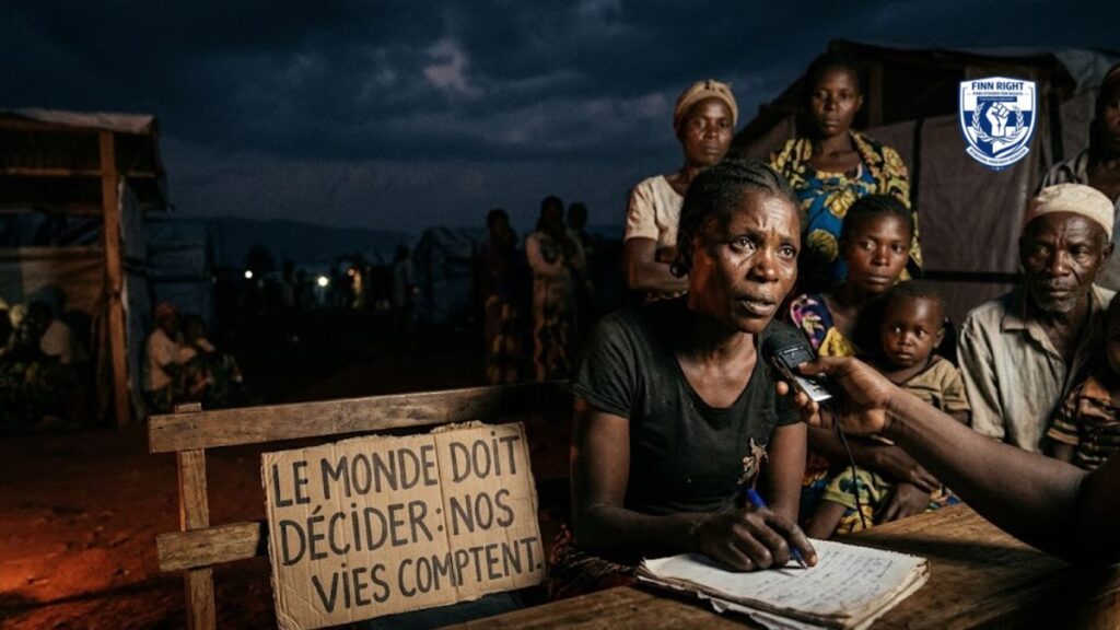 A poignant, documentary-style photograph taken at night in a displaced persons camp in the eastern Democratic Republic of Congo. Under a dark, cloudy sky, a Congolese woman sits at a rough wooden desk, her face illuminated by a warm, nearby light source. She is being interviewed, speaking into a microphone held by an unseen person, while she holds a pen over a notebook of testimonies. Propped against her desk is a cardboard sign with hand-painted French text: "LE MONDE DOIT DÉCIDER : NOS VIES COMPTENT" (The world must decide: Our lives matter). Behind her, several other villagers—including an elderly man and a mother holding a small child—stand in the shadows with somber, expectant expressions. The background shows the silhouettes of makeshift tents, creating a sense of urgency and quiet resilience.