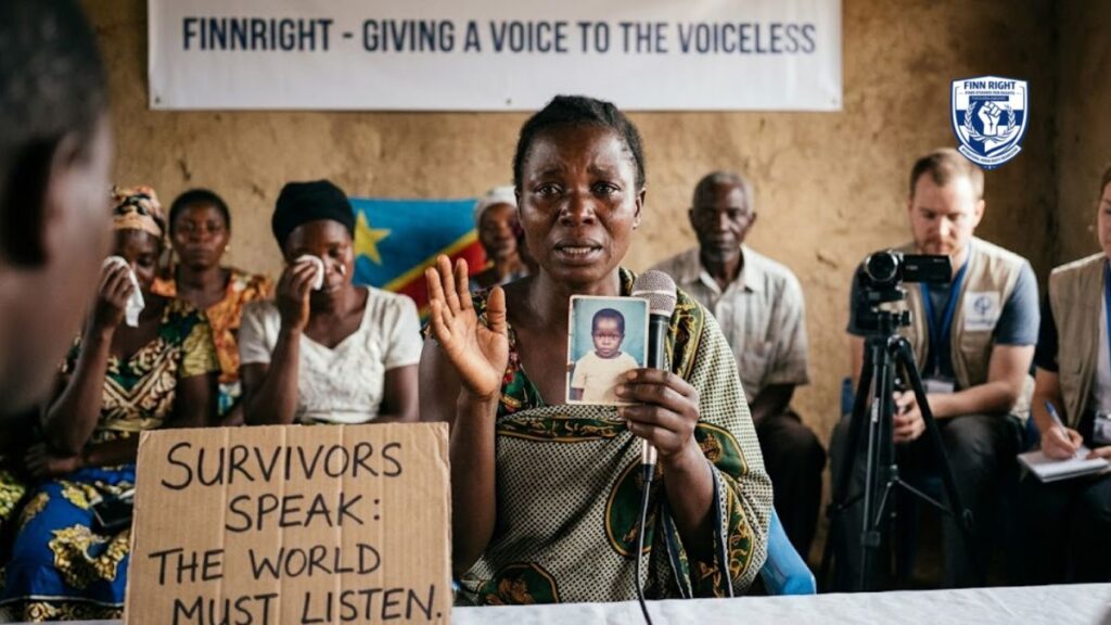 "A documentary-style photo taken in a small village room in the Eastern Democratic Republic of Congo. A distraught Congolese woman, a mother in her 30s, sits center frame at a wooden table, speaking with a microphone in hand. Her eyes are filled with tears and her left hand is raised in a gesture of speaking. She holds a small, faded photograph of a young child in her right hand. On the table is a simple cardboard sign, hand-painted with black text, reading, ‘SURVIVORS SPEAK: THE WORLD MUST LISTEN.’ Behind her sit several other local villagers, many clearly distressed and wiping away tears. A man holds a small digital video camera on a tripod. An international NGO worker, wearing a FinnRight vest and badge, sits taking notes with a pen and notepad, and another woman also in a FinnRight vest and badge. A banner on the mud-brick wall behind them reads, ‘FINNRIGHT - GIVING A VOICE TO THE VOICELESS.’ The mood is emotionally heavy and solemn, with natural lighting from a nearby doorway. The depth of field is shallow, focusing sharply on the woman and her signs, blurring the background."