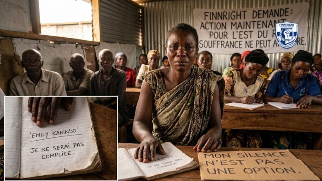A somber, documentary-style photograph set inside a dimly lit community room in the Democratic Republic of Congo. A woman in her 30s sits at a wooden desk with tears in her eyes, looking directly at the camera. She rests her hand on an open lined notebook; an inset close-up shows her name, 'Emily Kahindo', signed above the French words 'Je ne serai pas complice' (I will not be complicit). Next to the notebook is a cardboard sign that reads 'MON SILENCE N'EST PAS UNE OPTION.' (My silence is not an option). Behind her, other villagers sit at desks, some writing in notebooks and others looking on with serious expressions. A white banner in the background reads 'FINNRIGHT DEMANDE: ACTION MAINTENANT POUR L’EST DU RDC. SOUFFRANCE NE PEUT ATTENDRE.' (FinnRight Demands: Action now for Eastern DRC. Suffering cannot wait).