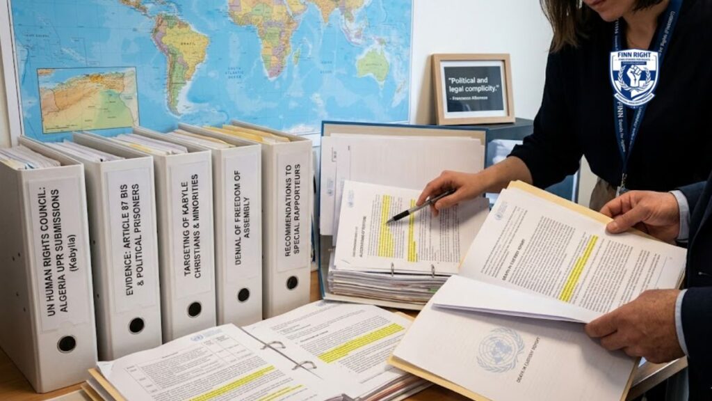 A professional, high-fidelity photo of a research desk covered in official UN-style binders and reports. The binders have labels like "UN Human Rights Council: Algeria UPR Submissions (Kabylia)," "Evidence: Article 87 Bis & Political Prisoners," and "Targeting of Kabyle Christians & Minorities". Two people in professional attire are reviewing the documents, with one pointing at highlighted text regarding human rights violations. A world map and a framed quote about "political and legal complicity" by Francesca Albanese are visible in the background.