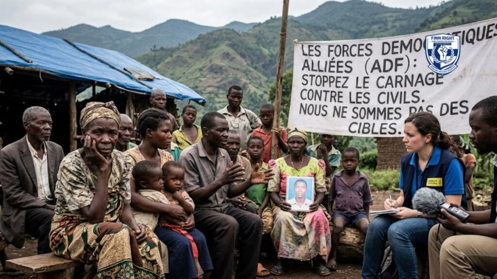 A documentary photograph captures a somber gathering in a remote village in the eastern Democratic Republic of Congo (DRC). In the foreground, Congolese villagers of all ages, including elderly men and women, mothers with young children, and a few men, are seated on weathered wooden benches and logs. They are listening to a village leader who gestures as he speaks, his face reflecting sorrow and resilience. To the right, two human rights researchers, one wearing a blue Amnesty International vest and taking notes, are recording the conversation with an audio recorder. One woman in the crowd holds a framed photograph of a young man, likely a relative lost to violence. In the background, a large banner made of white fabric, draped on wooden poles, bears large, hand-painted black text in French: 'LES FORCES DÉMOCRATIQUES ALLIÉES (ADF) : STOPPEZ LE CARNAGE CONTRE LES CIVILS. NOUS NE SOMMES PAS DES CIBLES.' The setting is outdoors, next to simple, makeshift shelters against a backdrop of rolling, green but rugged mountains under an overcast sky. The image has a raw, natural light and a shallow depth of field, focusing sharply on the villagers and the sign, while still conveying the remote village environment."