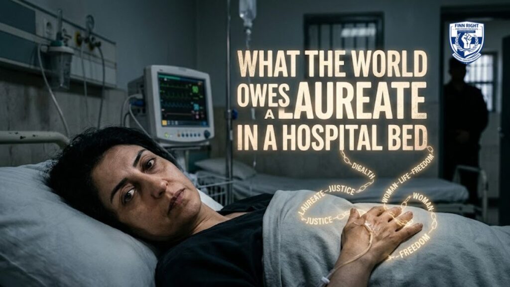 Aapki image watermarked_img_9768731330824184672.png ke liye SEO-optimized Alt Text ye hai: Alt Text: A striking campaign image of Narges Mohammadi in a hospital bed with the bold headline "What the World Owes a Laureate in a Hospital Bed," featuring glowing chains of light with words like Justice and Freedom, highlighting the global responsibility toward her human rights struggle.