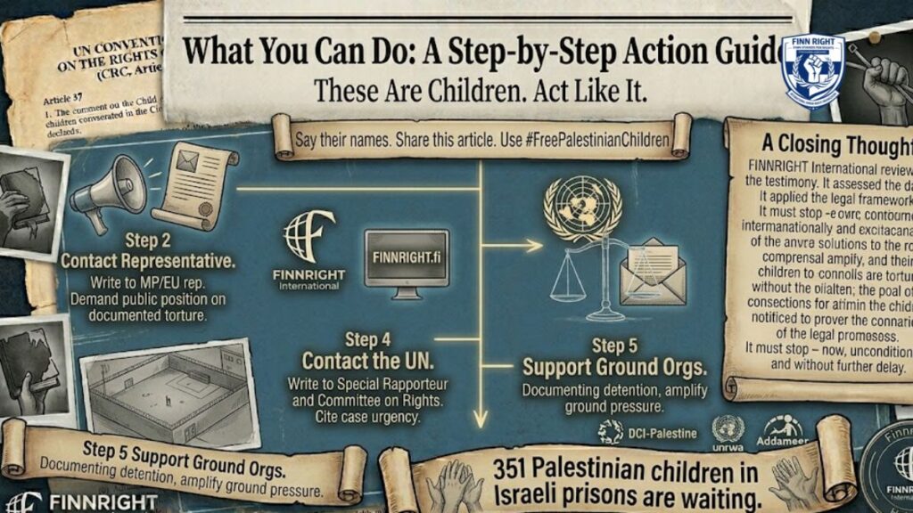 An action guide infographic from FINNRIGHT International with a distressed parchment aesthetic. It outlines steps to advocate for Palestinian children, including a megaphone for contacting representatives, a computer screen for supporting Finnright.fi, a UN scales of justice for contacting the UN, and generic hands with prison yard icons for supporting on-the-ground organizations. A sidebar provides summary text, and the final scroll at the bottom reads: "351 Palestinian children in Israeli prisons are waiting."