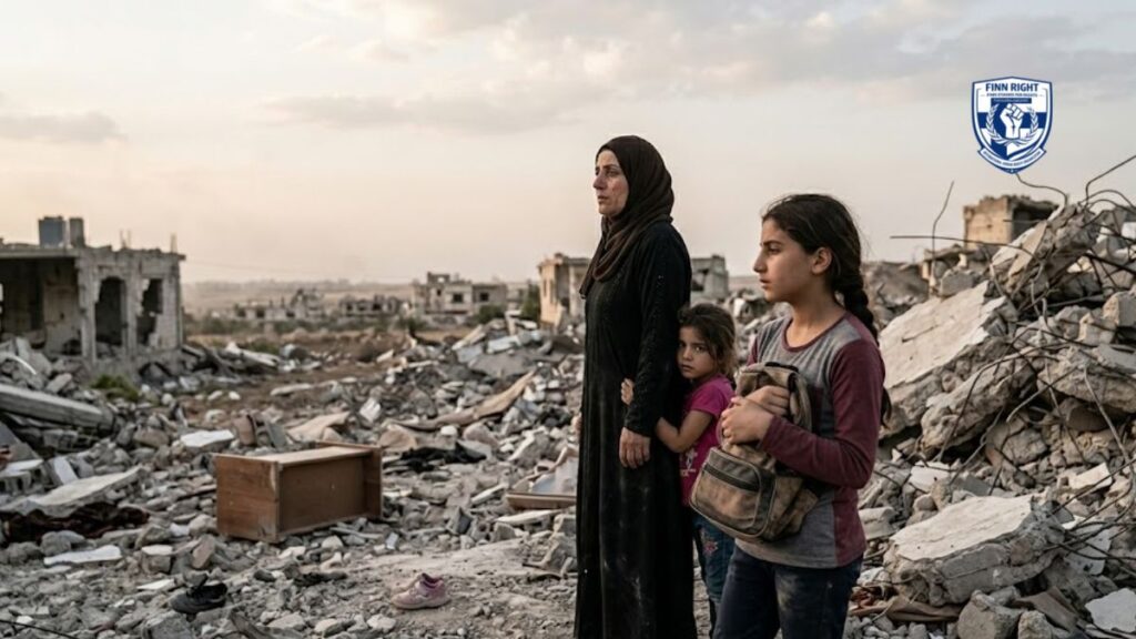 A documentary-style photograph of the specific displaced Lebanese mother and two daughters (from previous images) standing in a desolate, totally destroyed village in Southern Lebanon, gazing out at the vast rubble left after the conflict, symbolizing both loss and determination.