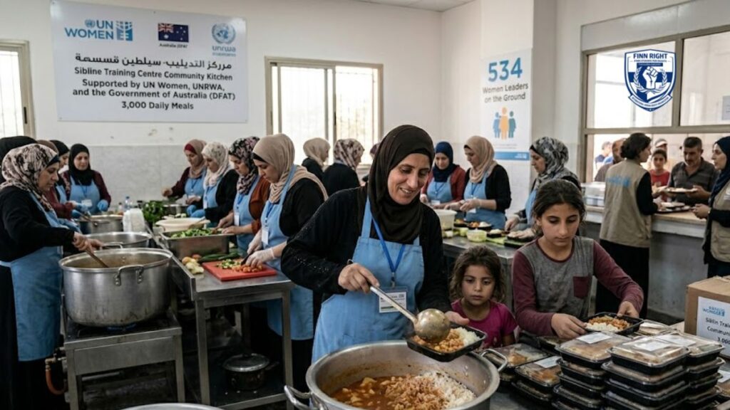 Inside the busy UN Women-supported community kitchen at the Sibline Training Centre in Lebanon, the specific mother from previous images, now wearing an apron, ladles hot meals as her two daughters (also in aprons) and other women work alongside her. Posters on the wall detail the program and donor support.