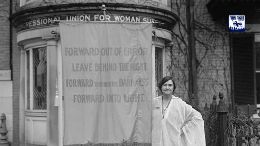 Historical photo of Congressional Union for Woman Suffrage building, showing a suffragist standing beside a banner reading "Forward Into Light" — women's rights movement history 7 Men Decide on Women's Rights