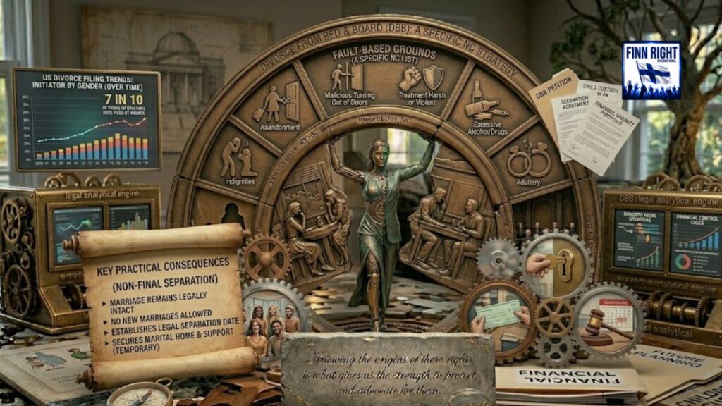 An intricate legal tableau focused on North Carolina's "Divorce from Bed and Board (DBB)" strategy. The upper arch displays icon-filled segments for fault-based grounds: Abandonment, Malicious Turning Out of Doors, Treatment Harsh or Violent, Excessive Alcohol/Drugs, Indignities, and Adultery. On the left, an unrolled ancient paper scroll outlines the "Key Practical Consequences", noting that the marriage remains legally intact while securing temporary home possession and support. On the right, a second brass legal analytical engine displays screens for "Domestic Abuse Situations" and "Financial Control Cages". Interlocking gears feature miniature scenes of a judge's gavel starting a separation clock and a hand securing a house key, highlighting tactical legal protections.